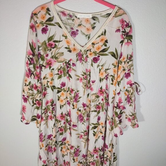 Chris & Carol Ivory and Pink Floral Bell Sleeve Dress Size Large - Picture 1 of 7